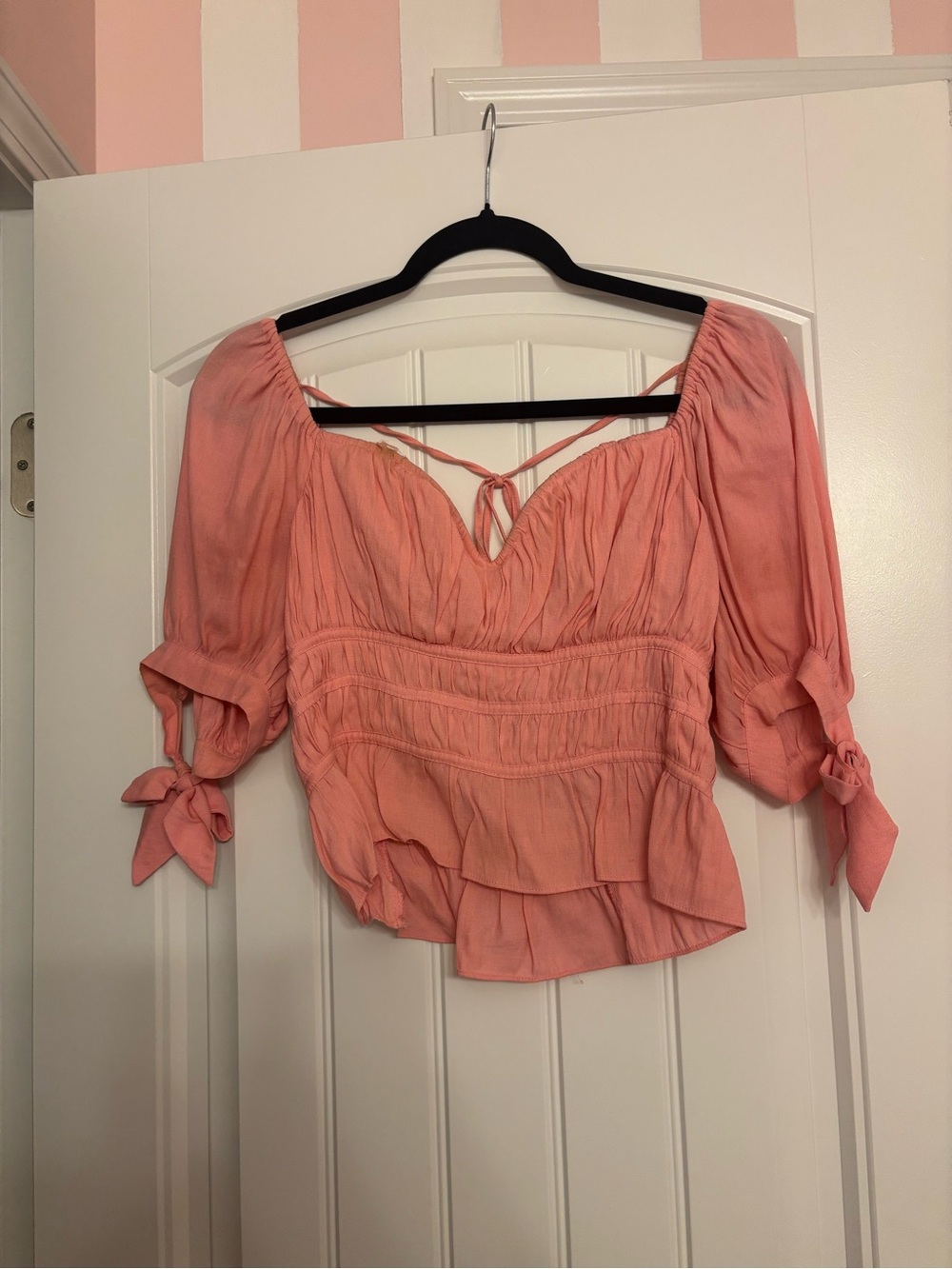Mustard Seed Coral Pink Peasant Blouse with Tie Sleeves